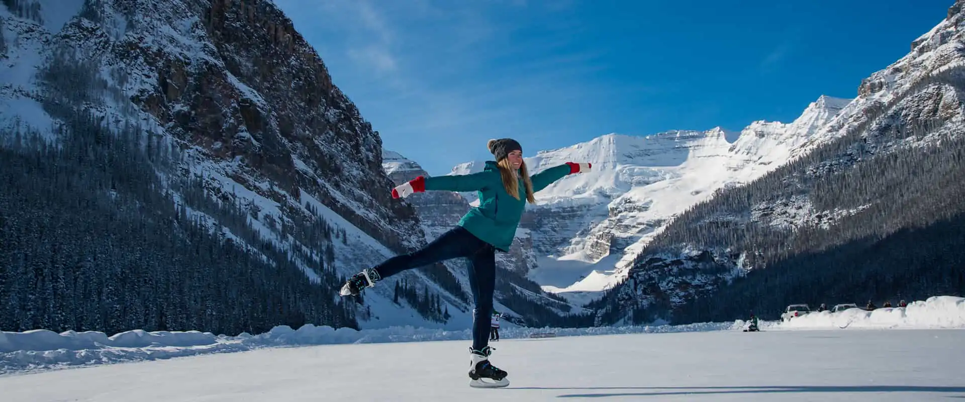 Try ice skating on a frozen lake on the Discover Lake Louise winter tour with Discover Banff Tours in the Canadian Rockies